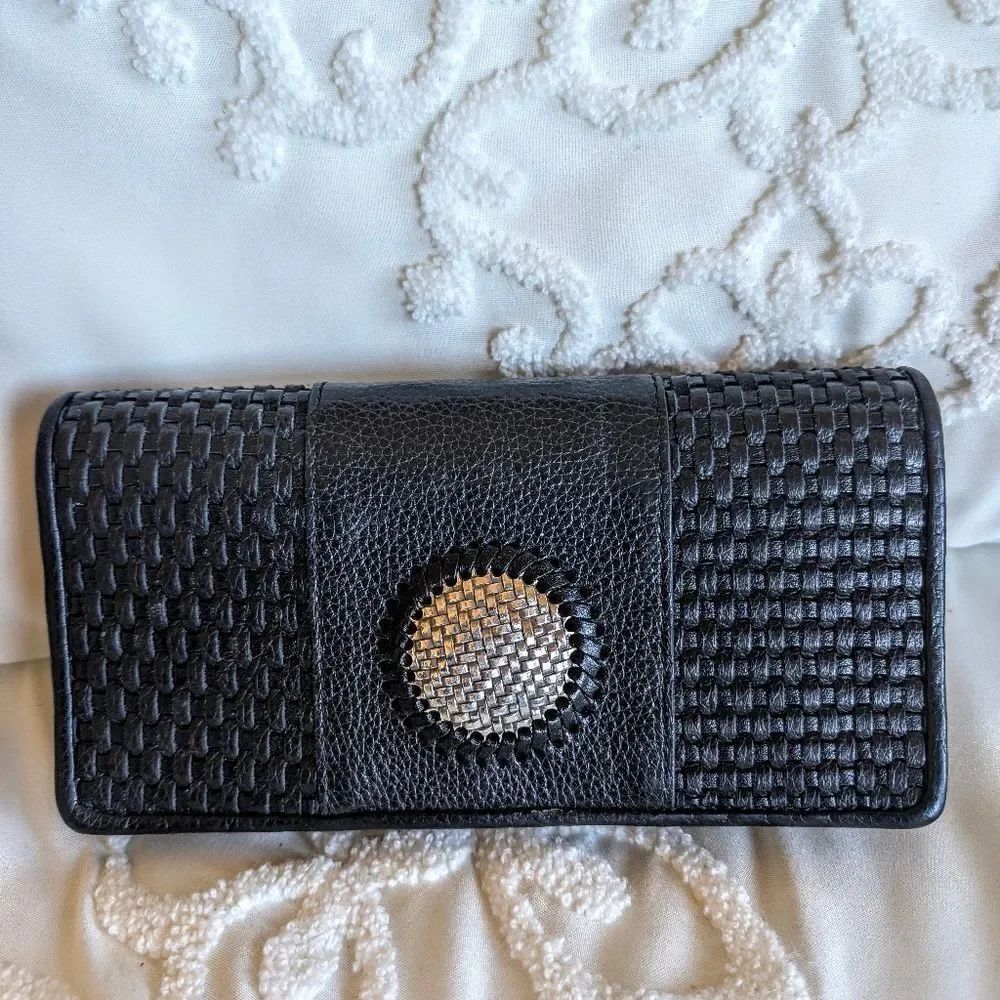 Brighton Talana Large Slim Wallet Woven Black Leather With Silver Medallion NWOT